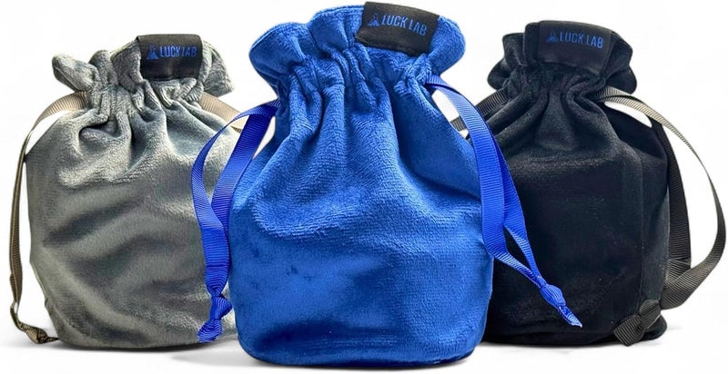 Luck Lab Velvet Drawstring Dice Bag - Set of Three Colors - Dungeons and Dragons Fabric/Standing Cotton Fabric Dice Bags/D&D Dice Pouch/Small Pouch/Velvet Jewelry Bag (Blue, Black, Grey) - Image 1